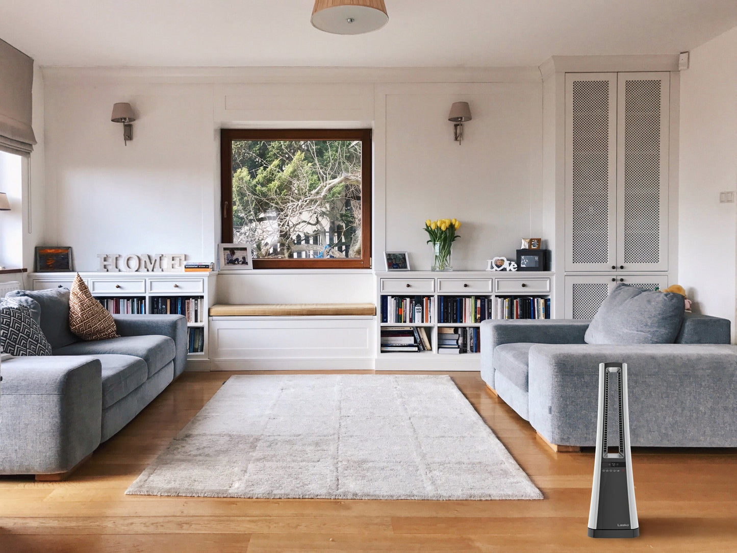 Lasko 1500W Oscillating Bladeless Tower Space Heater with Remote and Timer, AW300, White/Gray