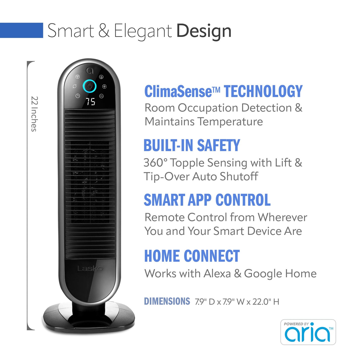 Lasko Aria? AR122 22" ThermaSMART Ceramic Tower Heater, Black