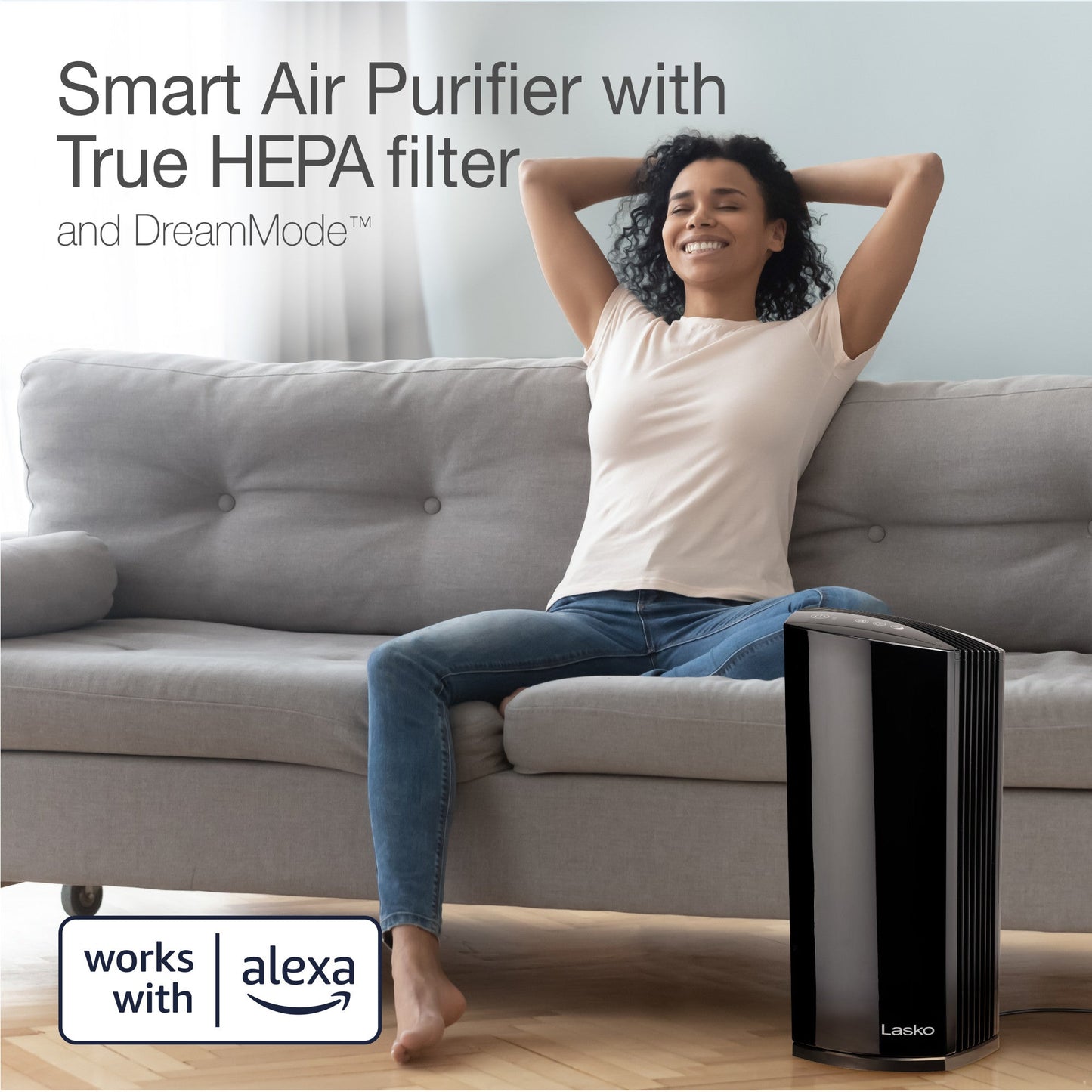 Lasko Smart Air Purifier with True HEPA Filter, Works with Alexa, LP450S, Black