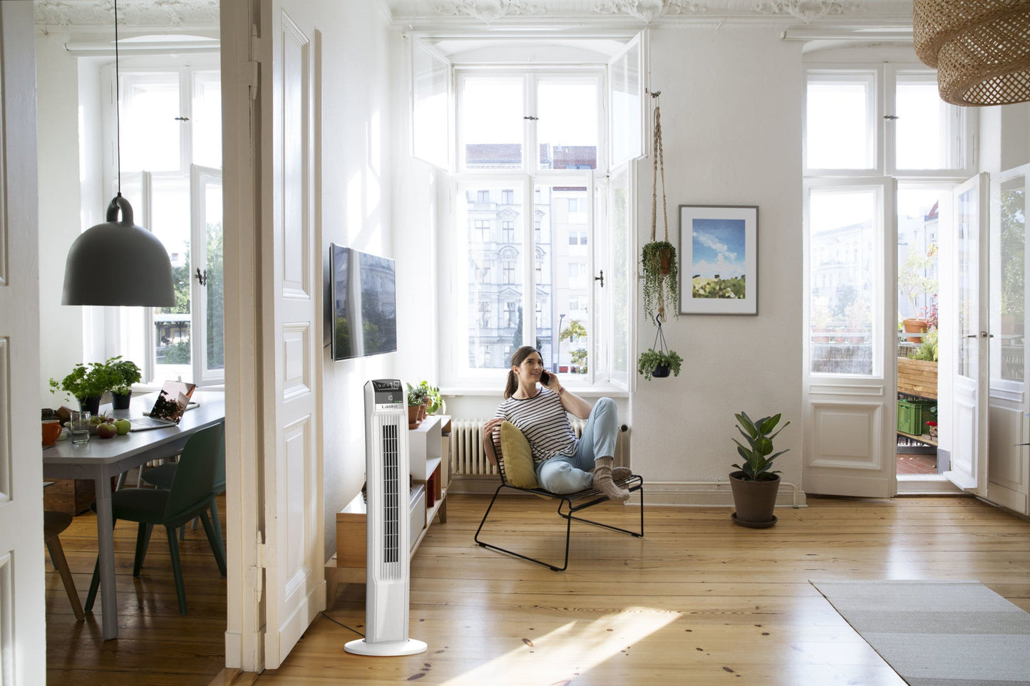 Lasko 42" 12-Speed EcoQuiet DC Motor Tower Fan with Remote Control, T42710, White