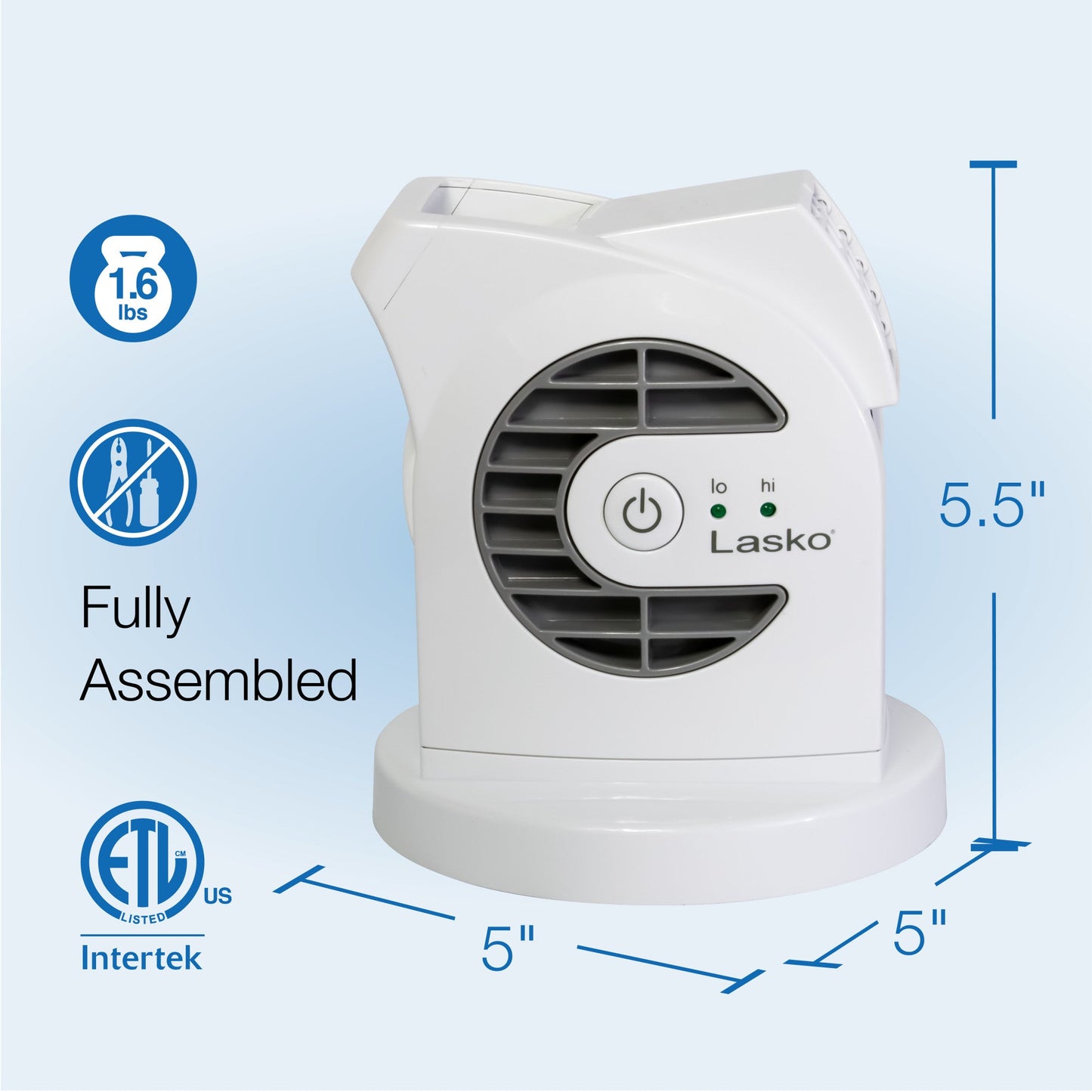 Lasko MyCool Mini USB 2- Speed Desk Fan with USB Cable and AC Adapter, D300, White