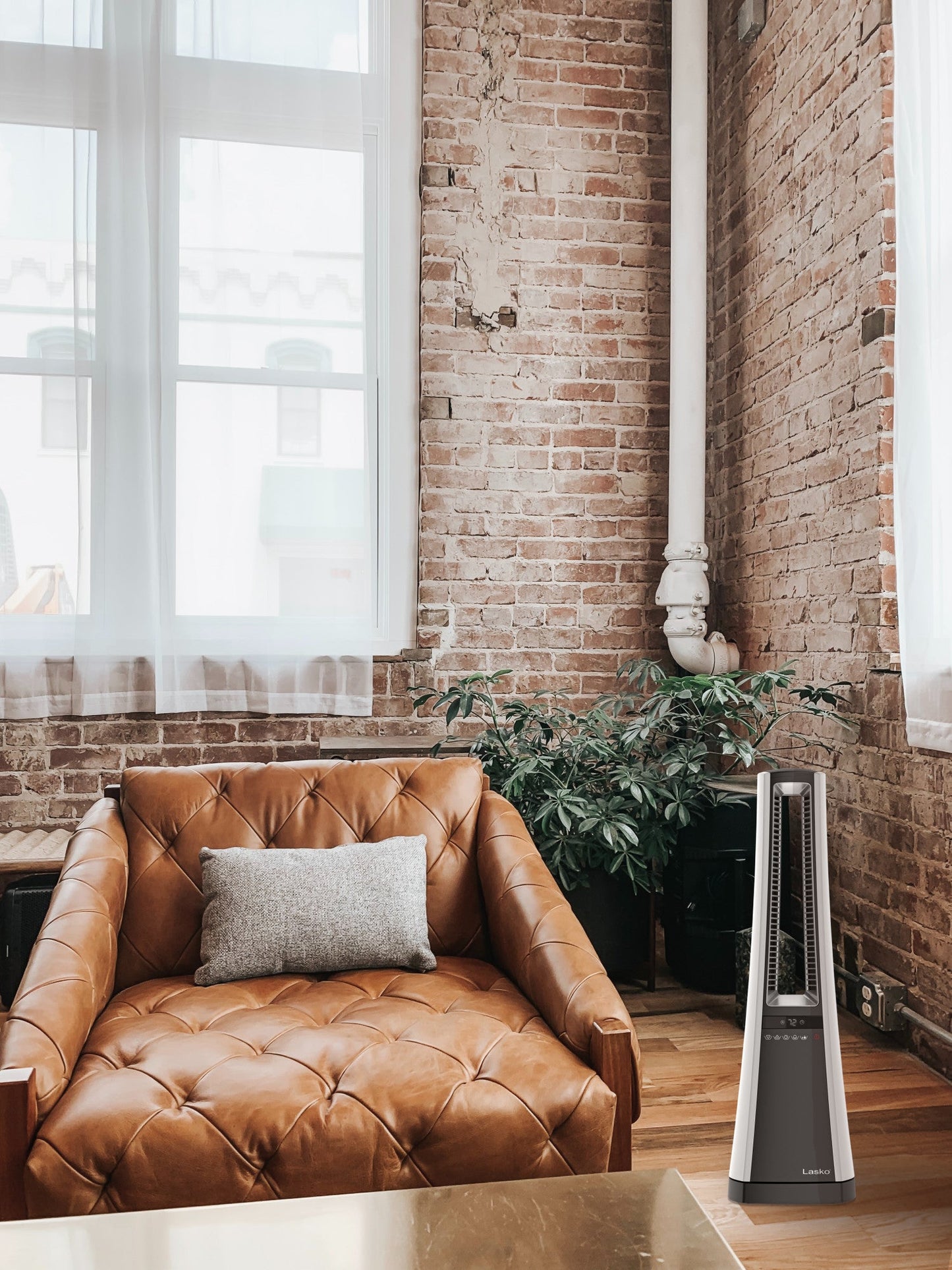 Lasko 1500W Oscillating Bladeless Tower Space Heater with Remote and Timer, AW300, White/Gray