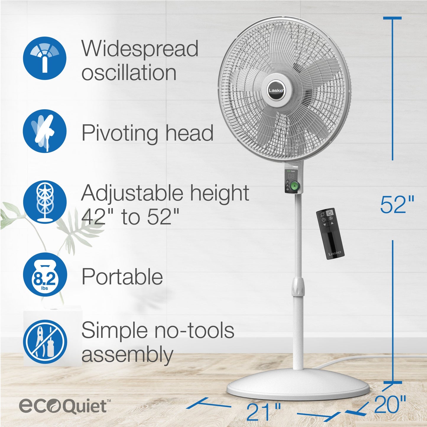 Lasko 18"  12-Speed EcoQuiet DC Motor Pedestal Fan with Remote Control, S18705, White