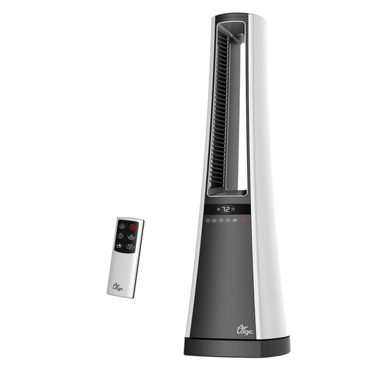 Lasko 1500W Oscillating Bladeless Tower Space Heater with Remote and Timer, AW300, White/Gray