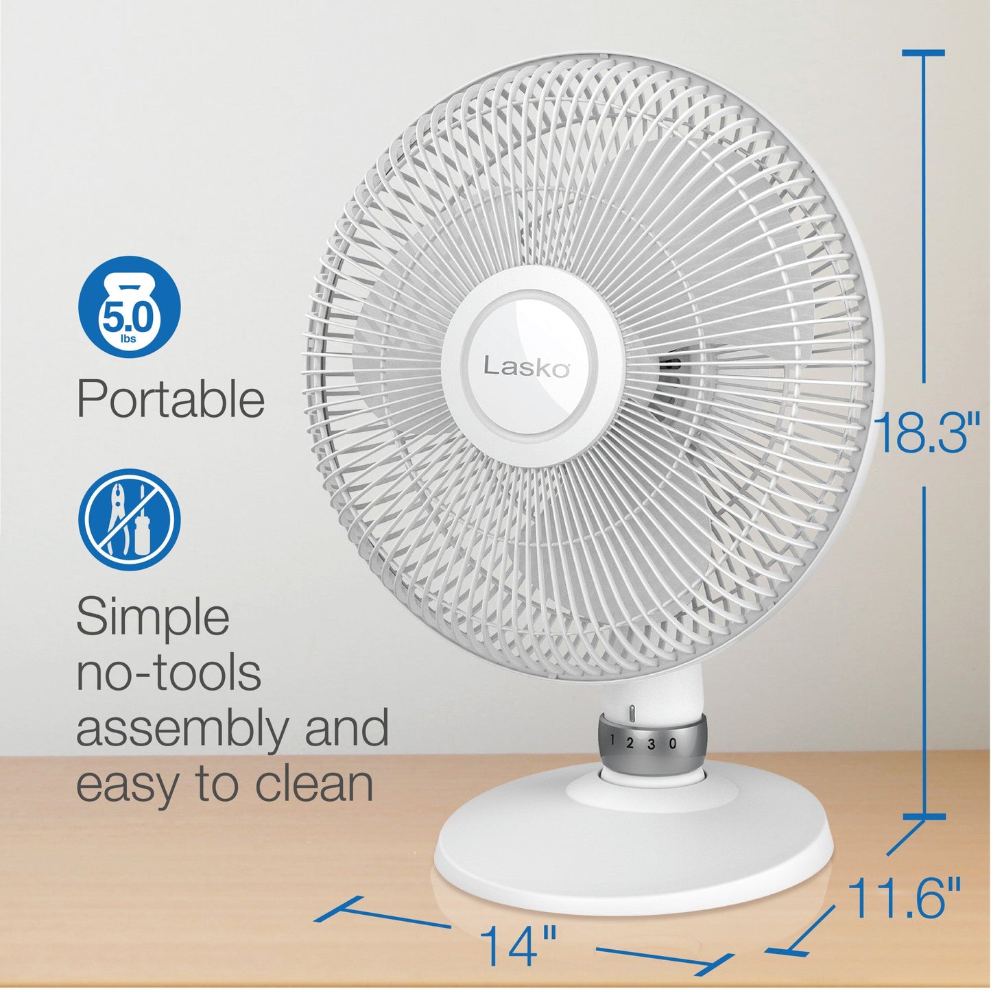 Lasko 12" Oscillating 3-Speed Personal Table Fan, D12225, White