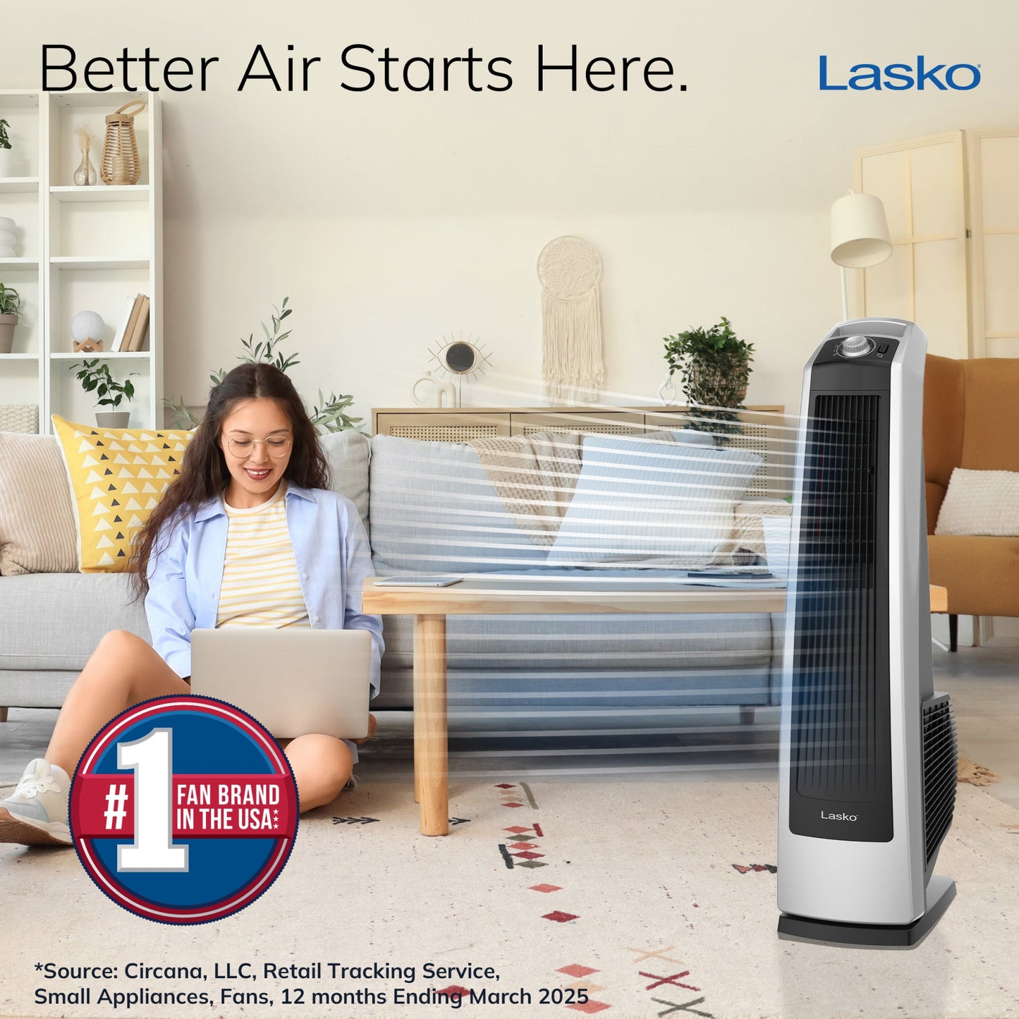 Lasko Oscillating High Velocity Tower Fan with 3 Speeds, U35105, Gray/Black