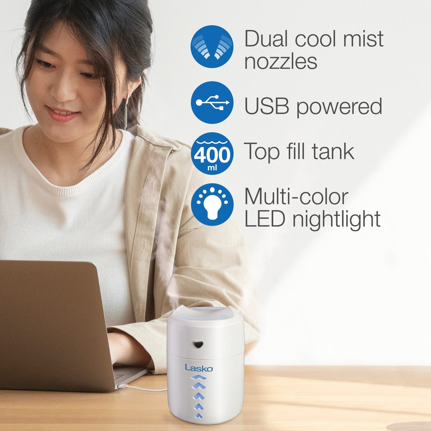 Lasko Ultrasonic Personal Cool Mist Humidifier with Nightlight, UH150, White