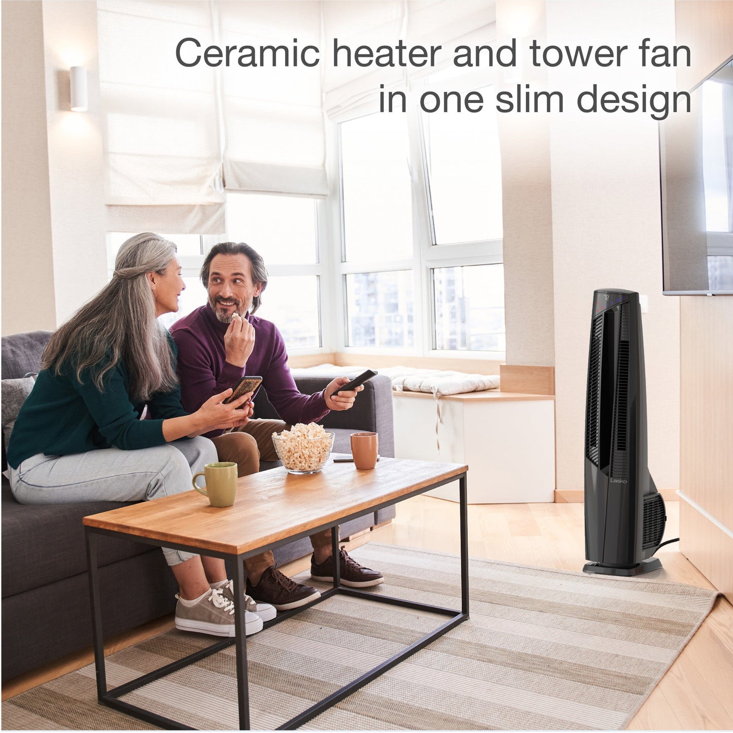 Lasko 1500W Electric Oscillating All Season Tower Fan and Space Heater with Remote, FHV801, Black