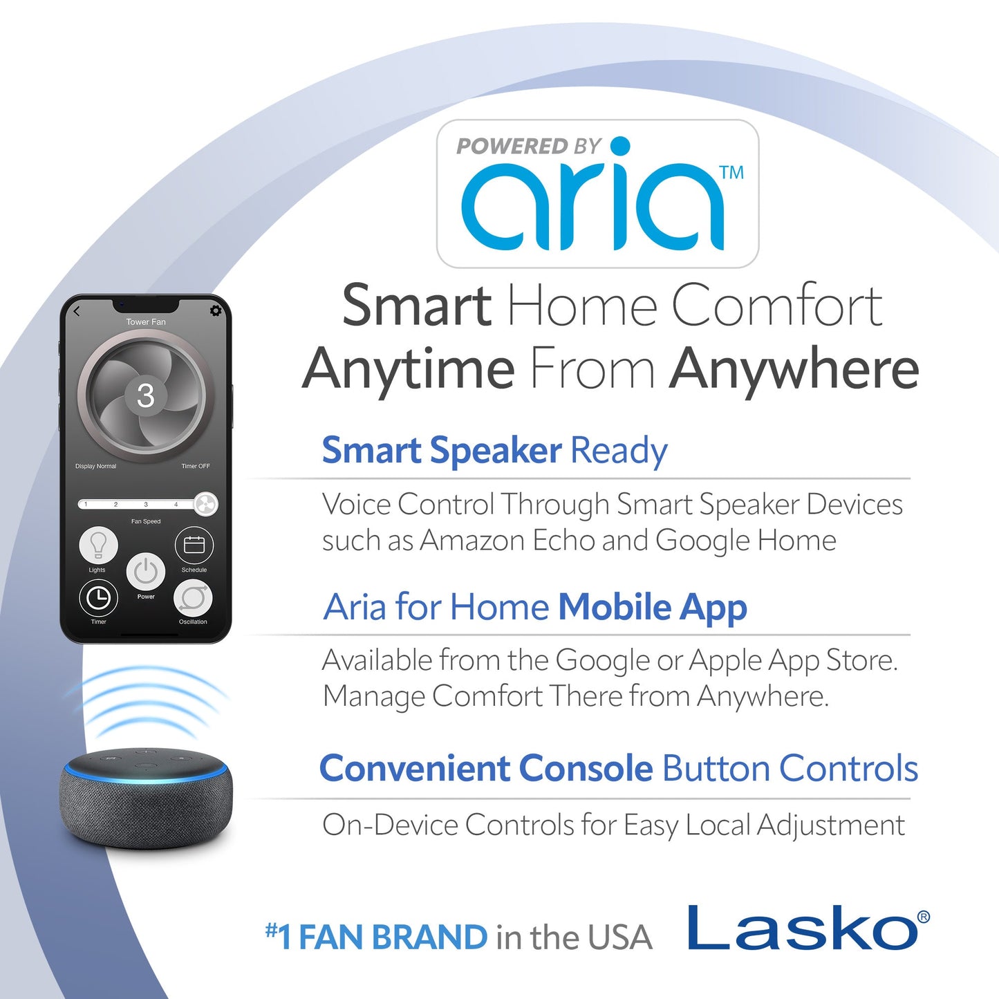 Lasko Aria? T40735 40" 5-Speed WiFi Smart Tower Fan with Dark Mode, White
