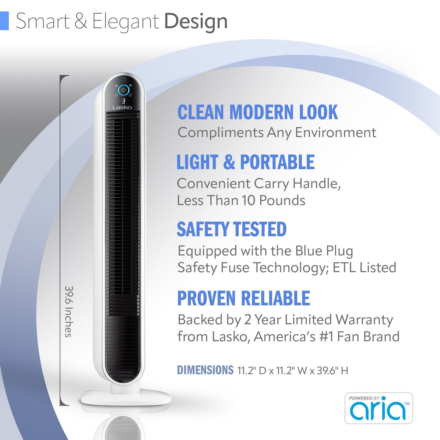 Lasko Aria? T40735 40" 5-Speed WiFi Smart Tower Fan with Dark Mode, White