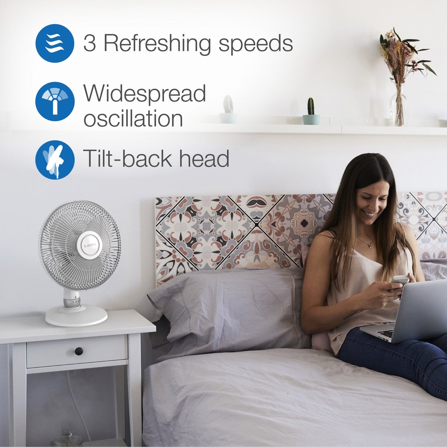 Lasko 12" Oscillating 3-Speed Personal Table Fan, D12225, White