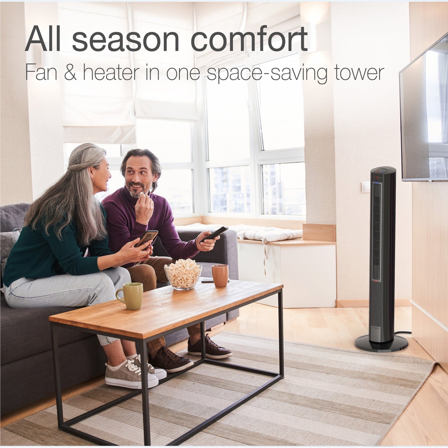 Lasko All Season Comfort Control Tower Fan and Space Heater with Remote Control, FH620, Black