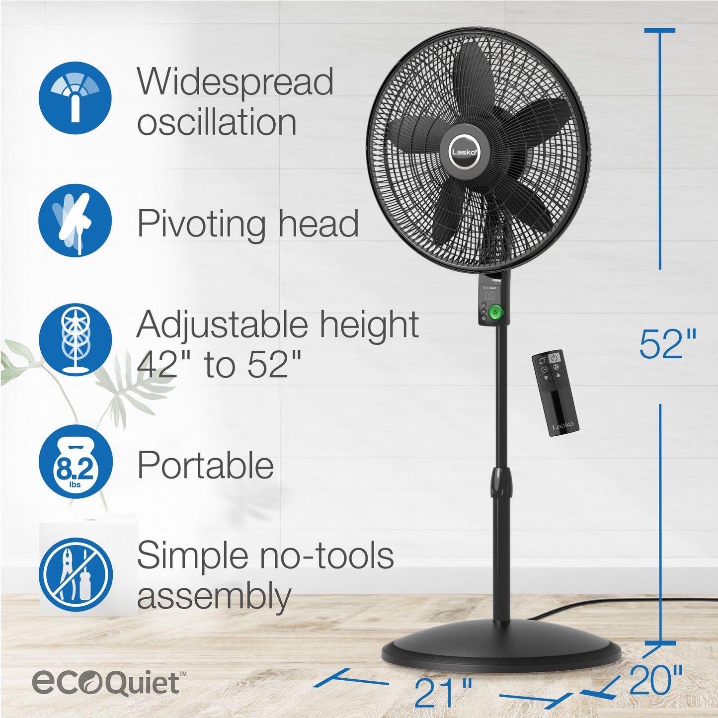Lasko Oscillating 18-inch EcoQuiet DC Motor 12-Speed Pedestal Fan with Remote Control, Black, S18708