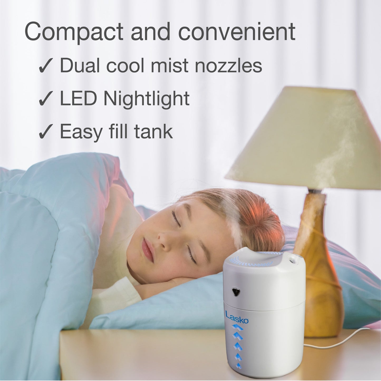 Lasko Ultrasonic Personal Cool Mist Humidifier with Nightlight, UH150, White