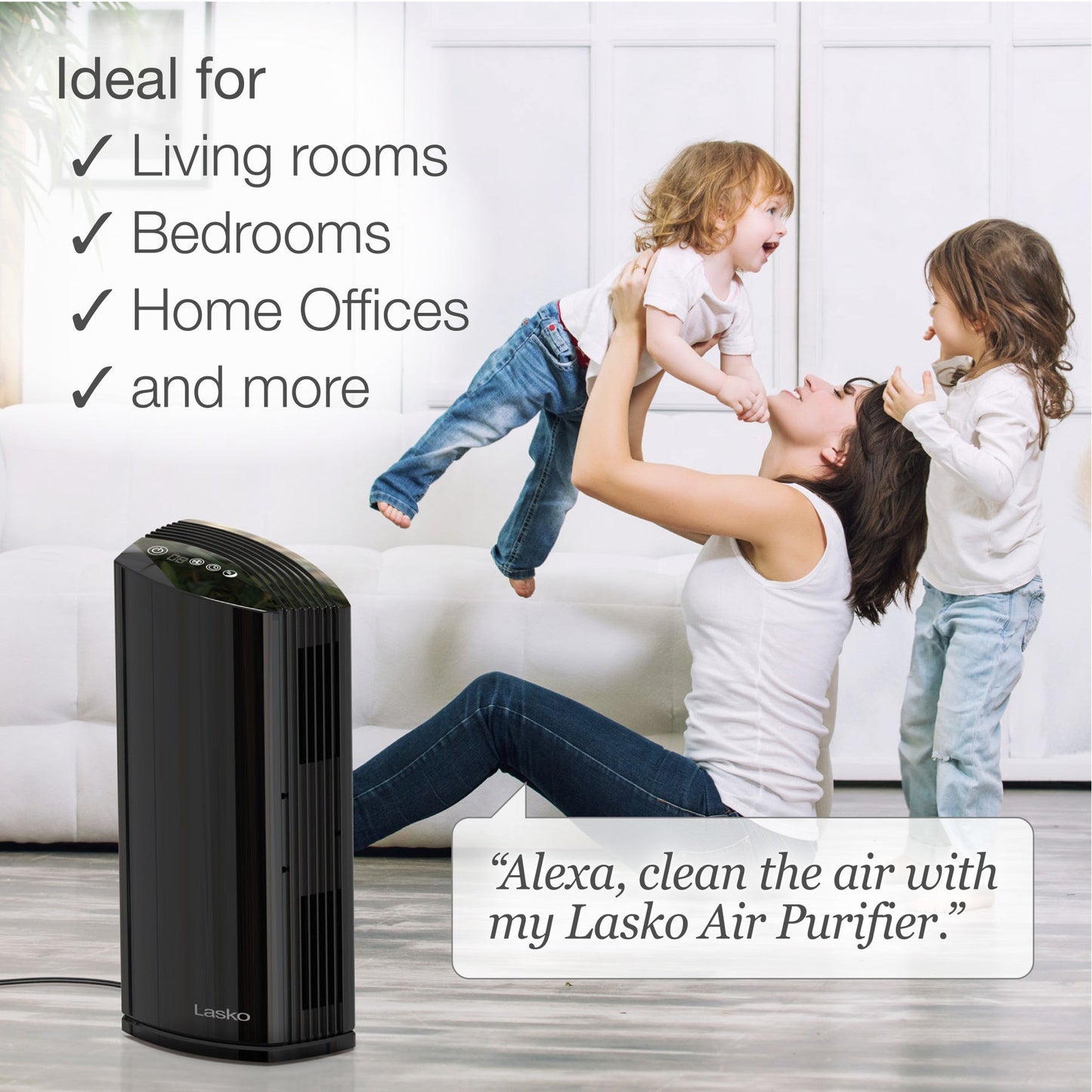 Lasko Smart Air Purifier with True HEPA Filter, Works with Alexa, LP450S, Black
