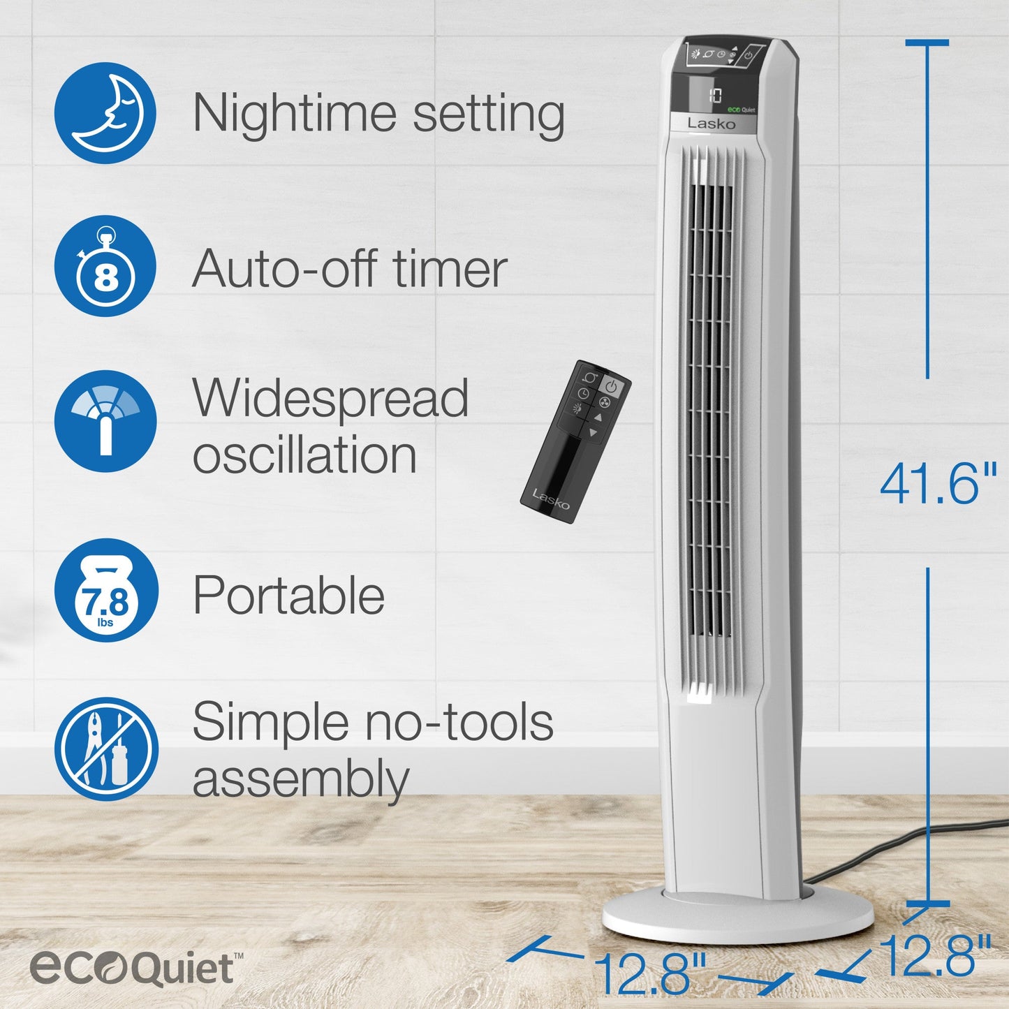 Lasko 42" 12-Speed EcoQuiet DC Motor Tower Fan with Remote Control, T42710, White