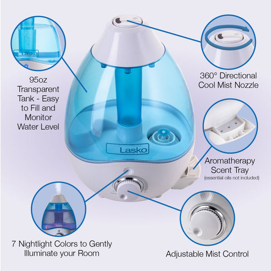 Lasko Ultrasonic Cool Mist Humidifier with Scent Tray and Nightlight, UH200, White and Blue