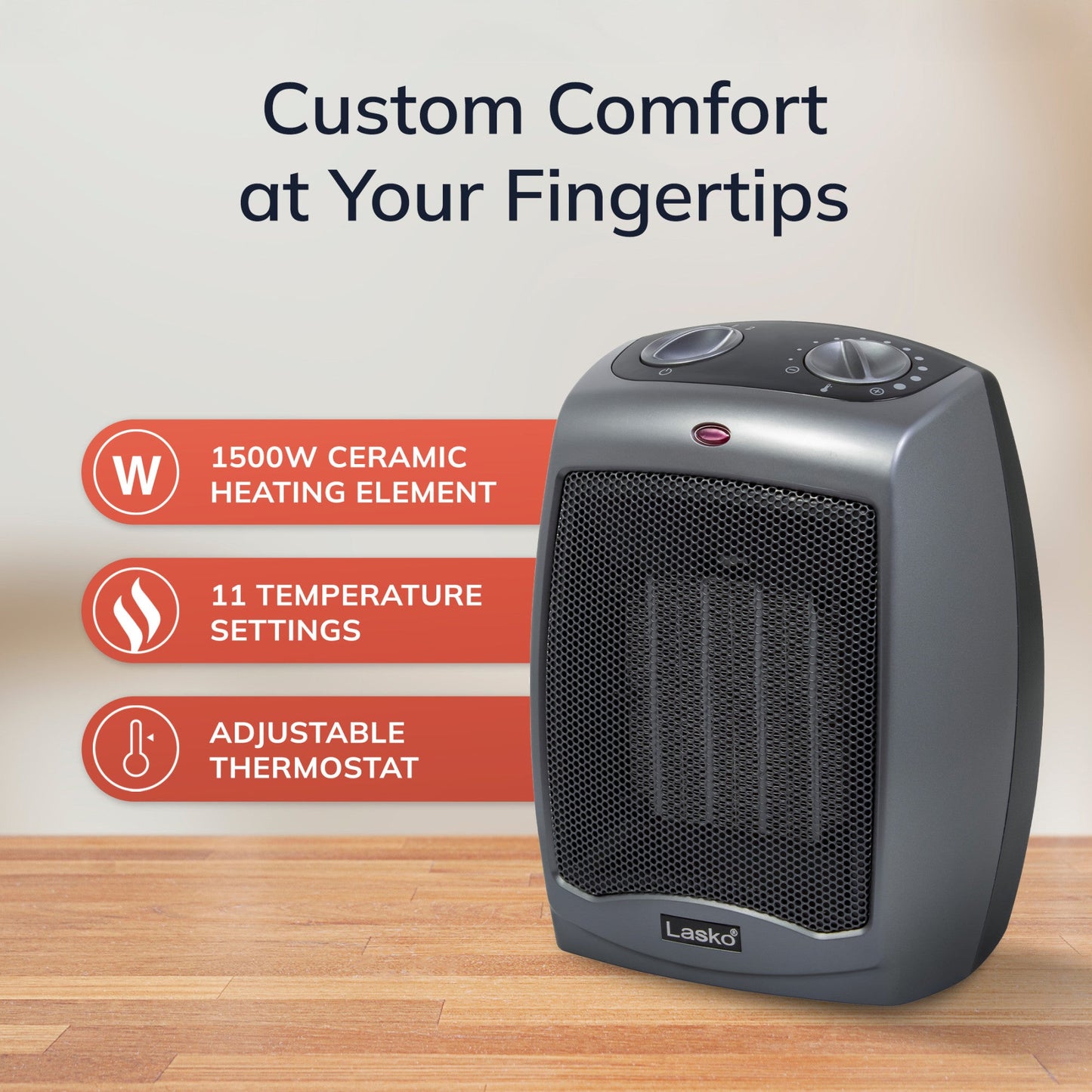 Lasko 1500W 2-Speed Ceramic Space Heater with Tip-Over Safety Switch, 754201, Gray