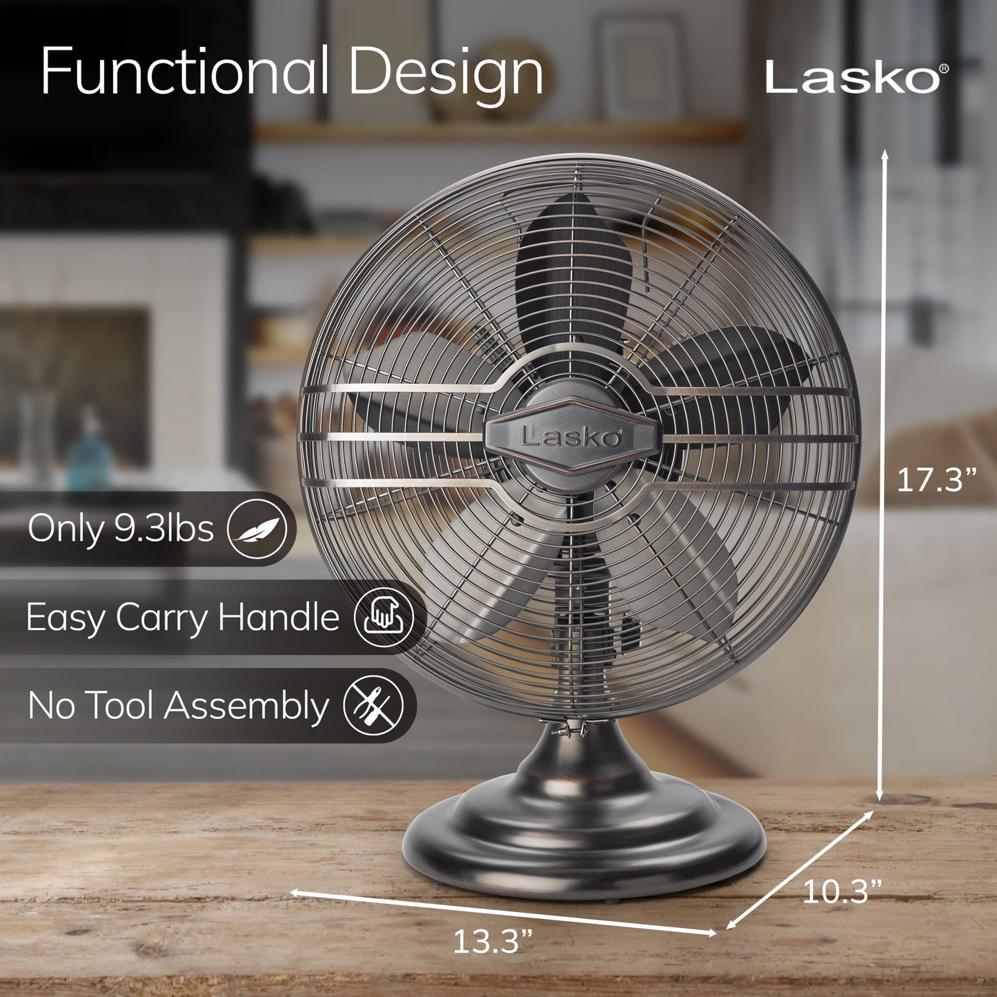 Lasko 12" 3-Speed Oscillating Classic Metal Table Fan with Tilt-Back, R12210, Bronze
