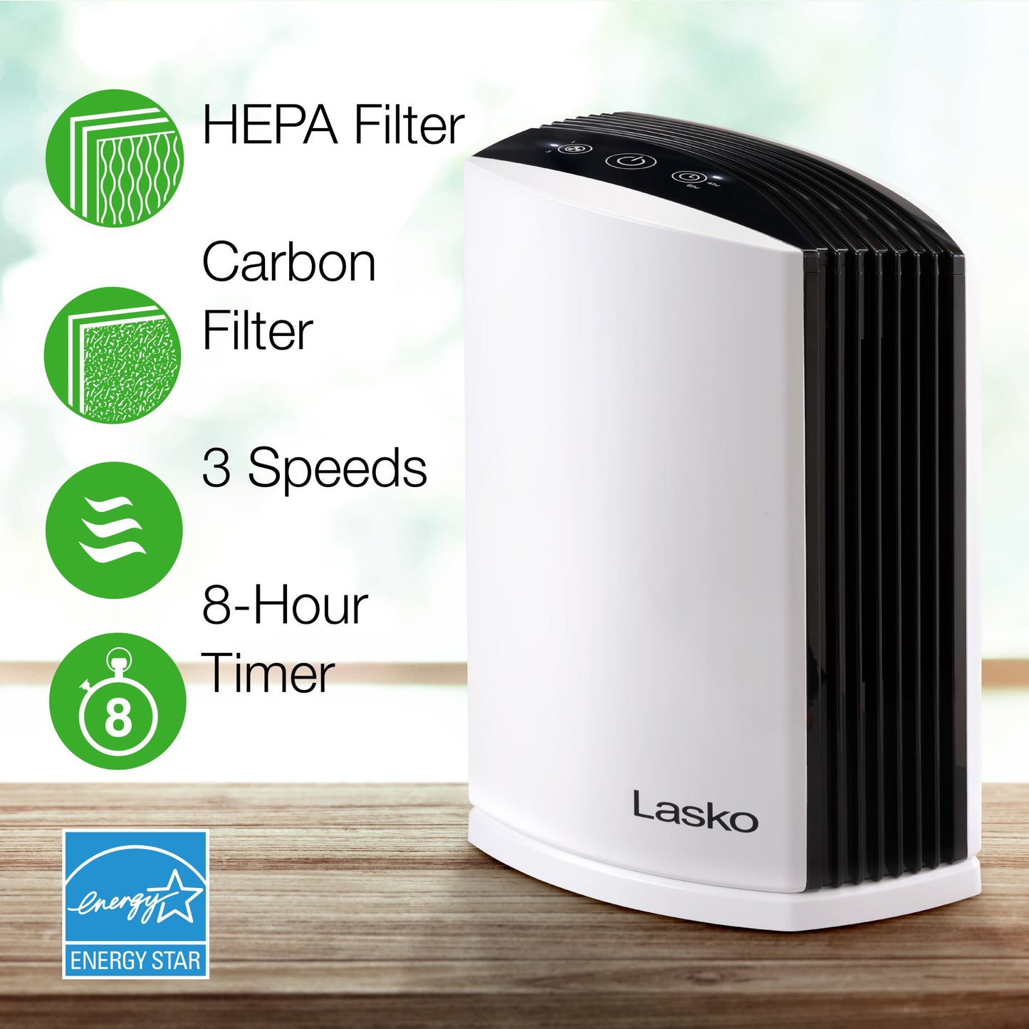 Lasko True HEPA Filter Desktop Air Purifier with Timer, LP200, White