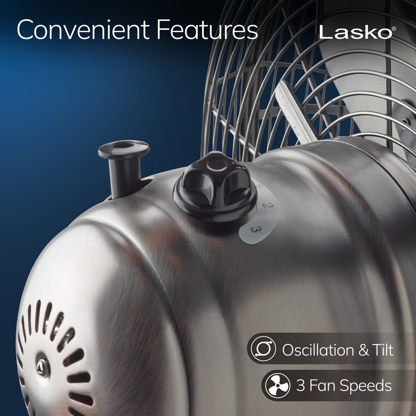 Lasko 12" 3-Speed Oscillating Classic Metal Table Fan with Tilt-Back, R12210, Bronze