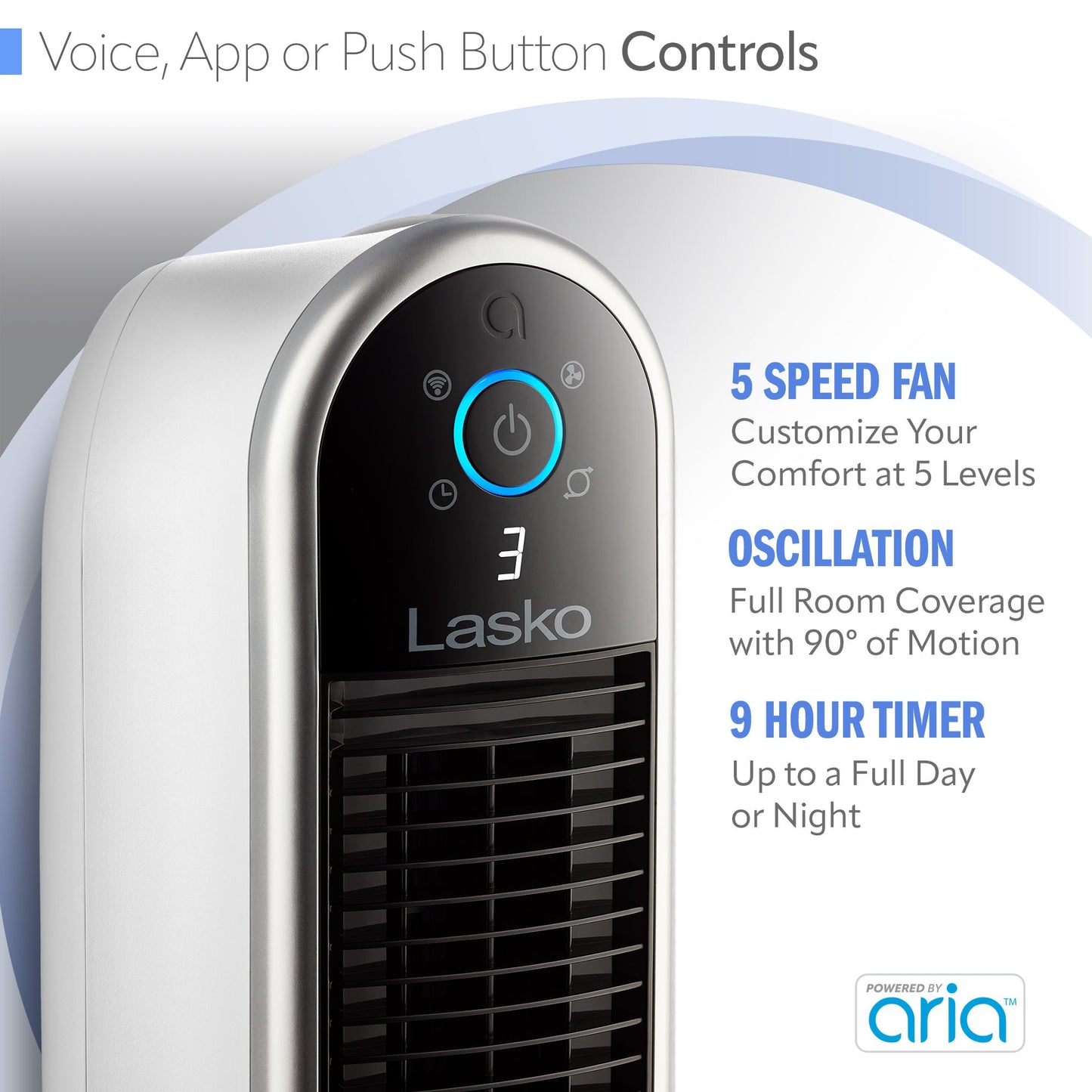 Lasko Aria? T40735 40" 5-Speed WiFi Smart Tower Fan with Dark Mode, White