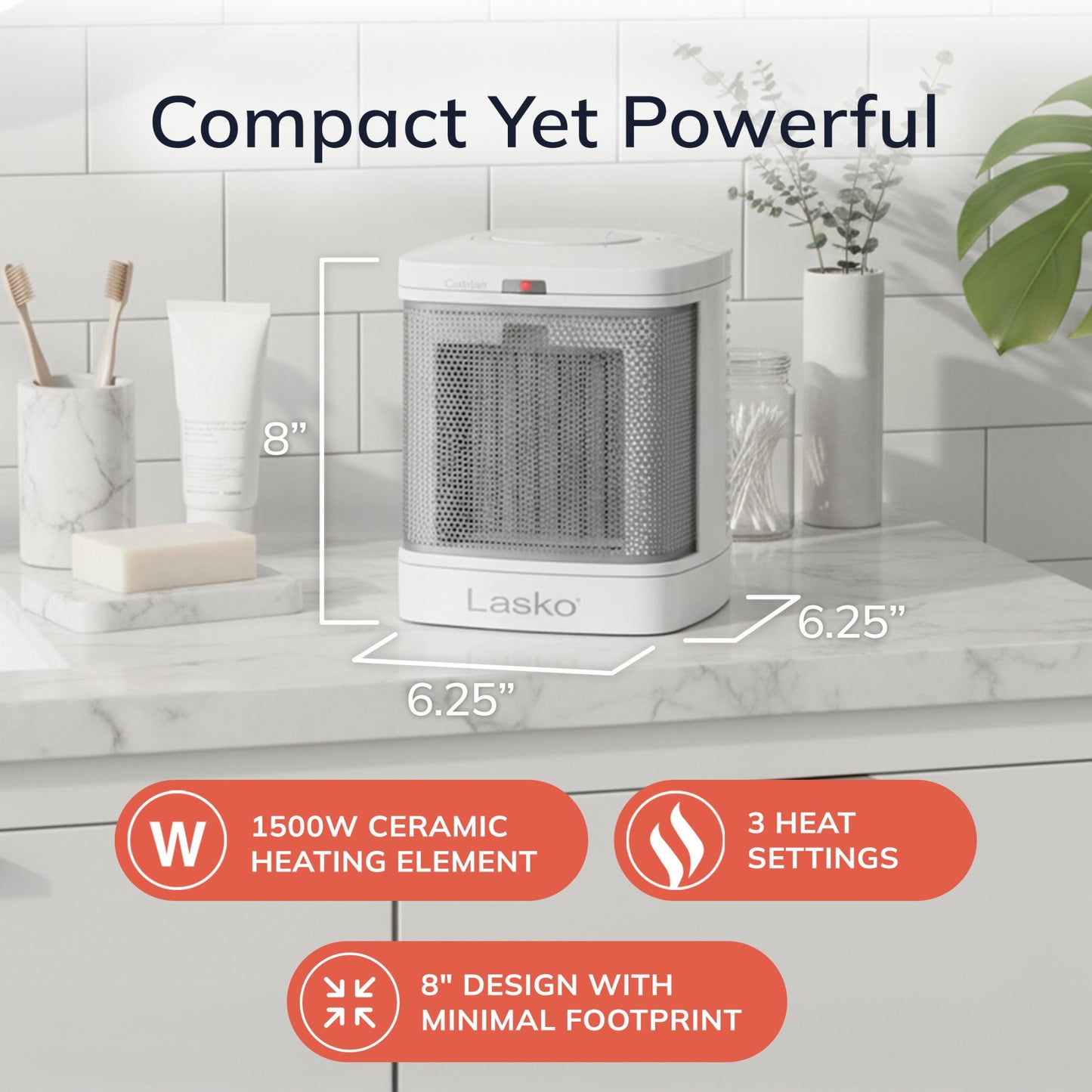 Lasko 1500W Bathroom Space Heater with ALCI Safety Plug and Timer, CD08200, White