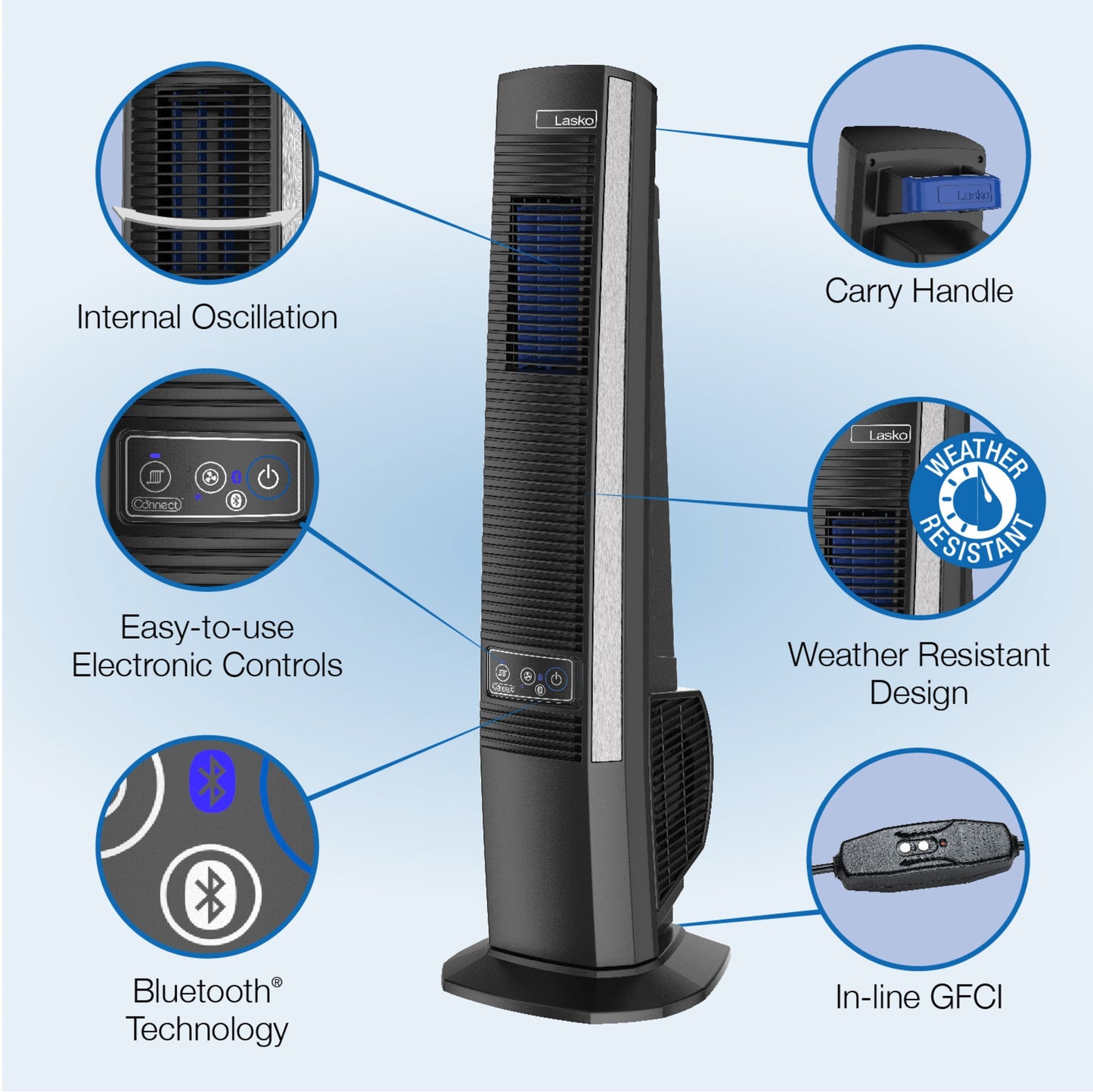 Lasko 42" Outdoor Tower Fan with Bluetooth Technology, YF200, Black