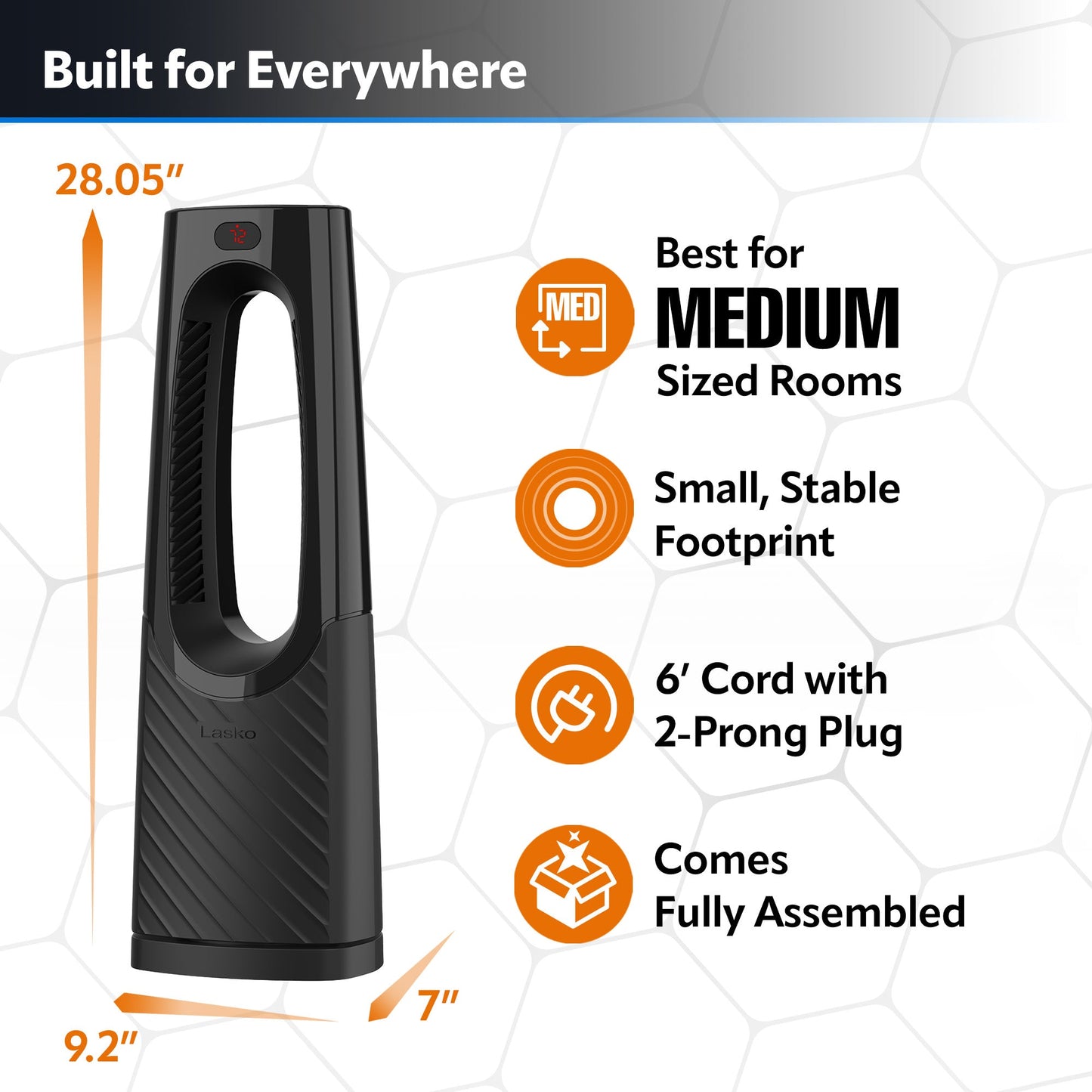 Lasko 1500W Bladeless Tower Heater with Tip Over Switch and Remote Control, CW210, black