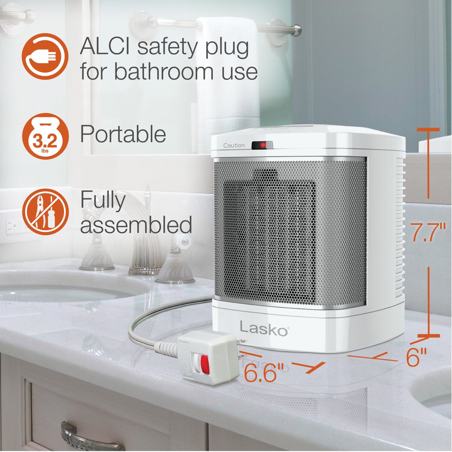 Lasko 1500W Ceramic Bathroom Space Heater with ALCI Safety Plug, CD08210, White