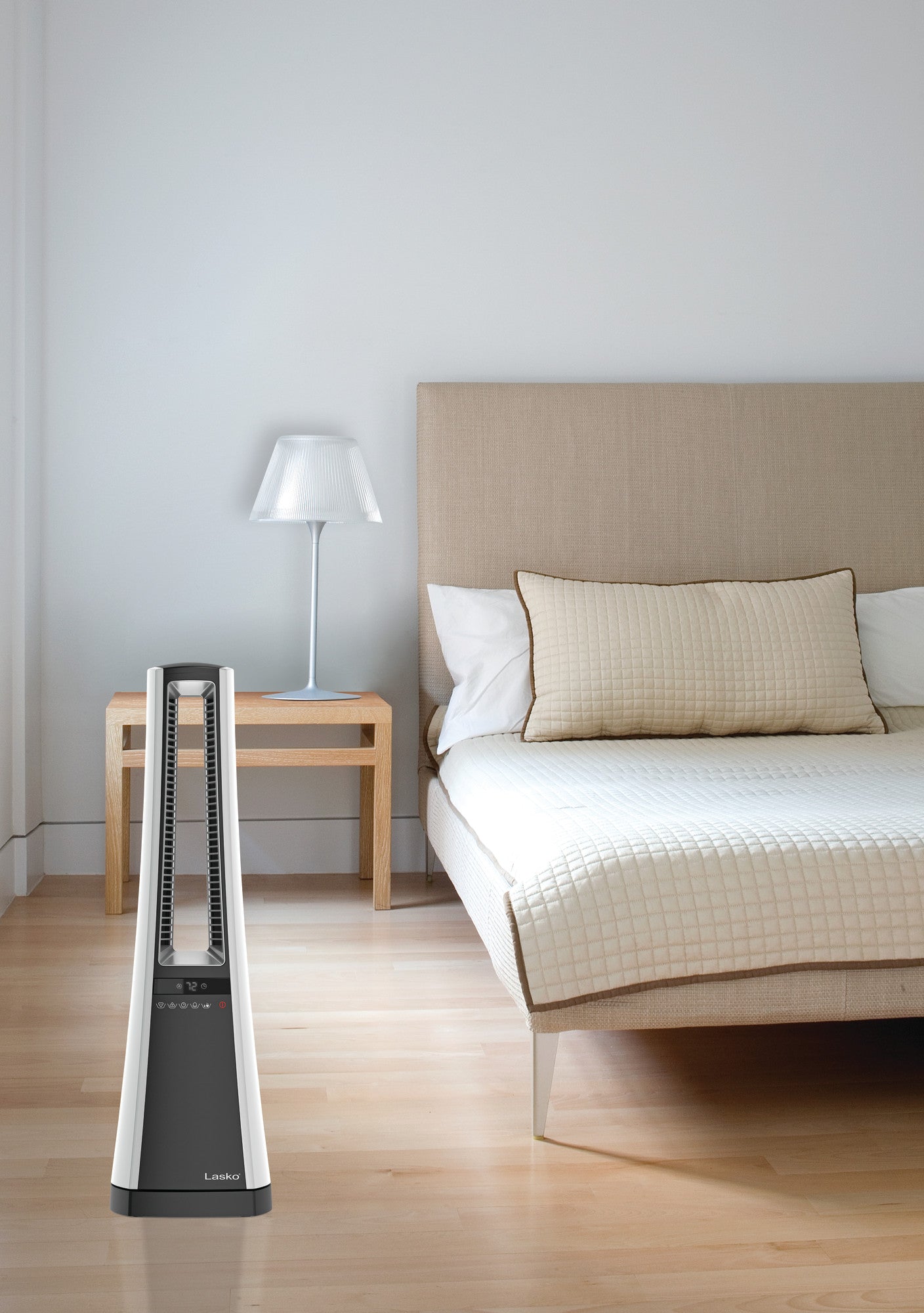 Lasko 1500W Oscillating Bladeless Tower Space Heater with Remote and Timer, AW300, White/Gray