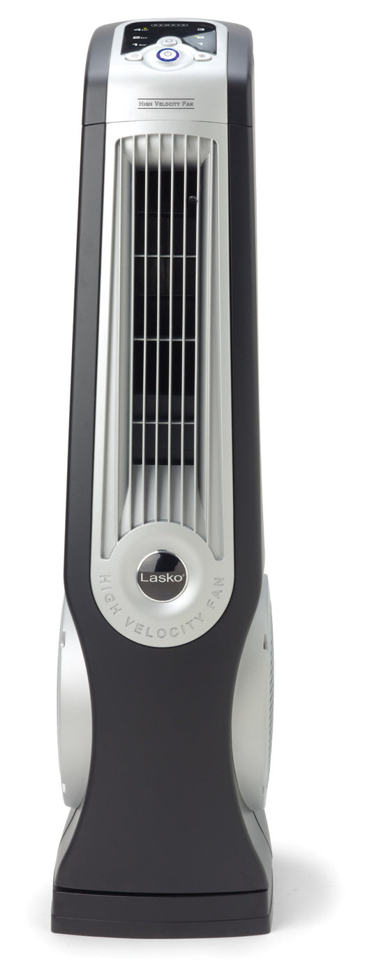 Lasko Oscillating High Velocity Tower Fan with Remote, U35102, Black/Silver