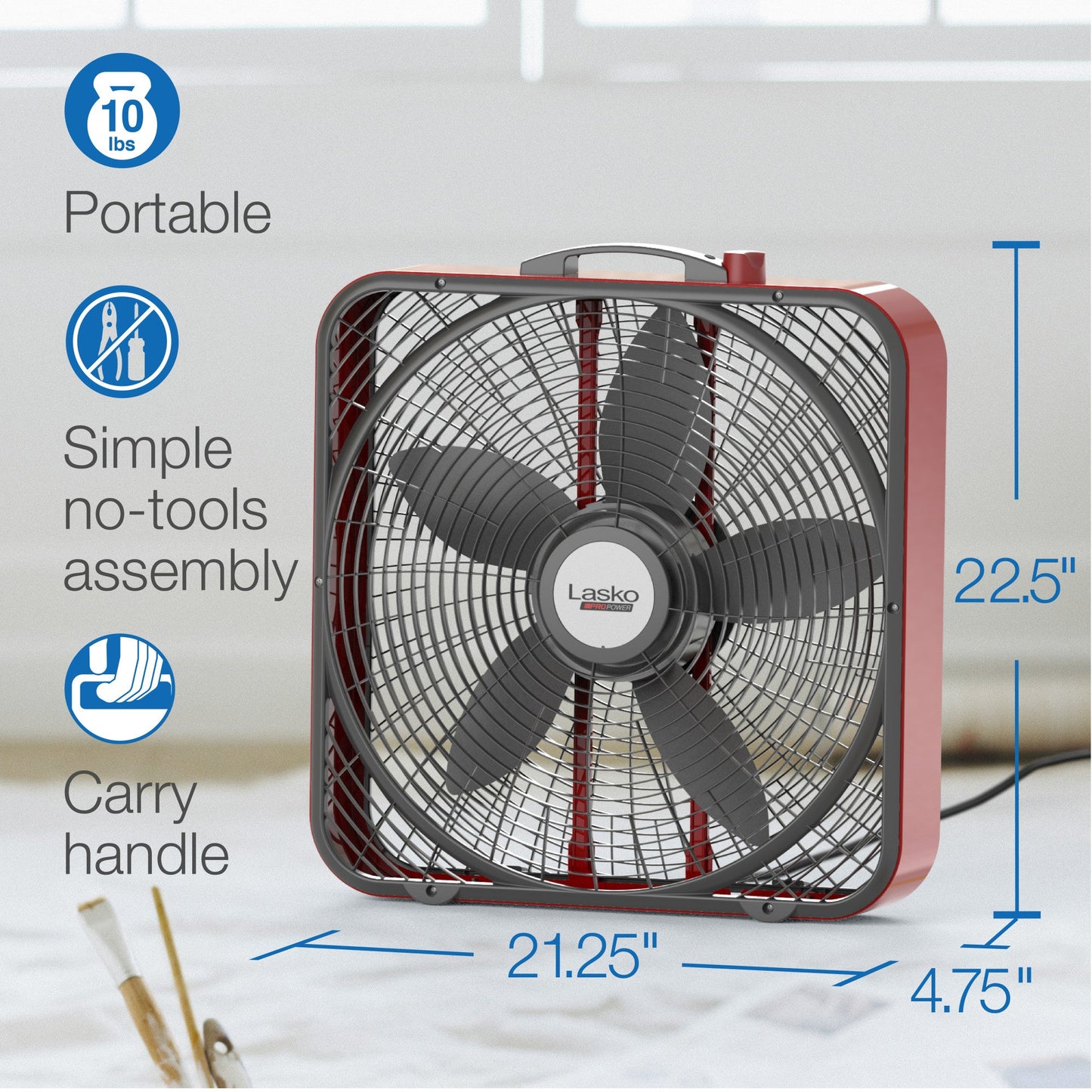 Lasko 20" 3-Speed Pro Power? Industrial Grade Box Fan, B20548, Red