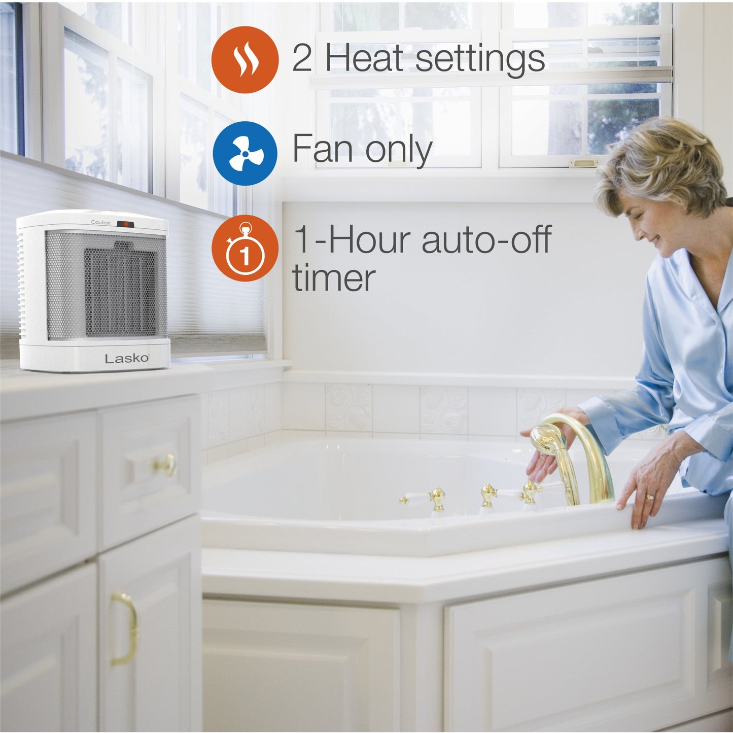 Lasko 1500W Ceramic Bathroom Space Heater with ALCI Safety Plug, CD08210, White